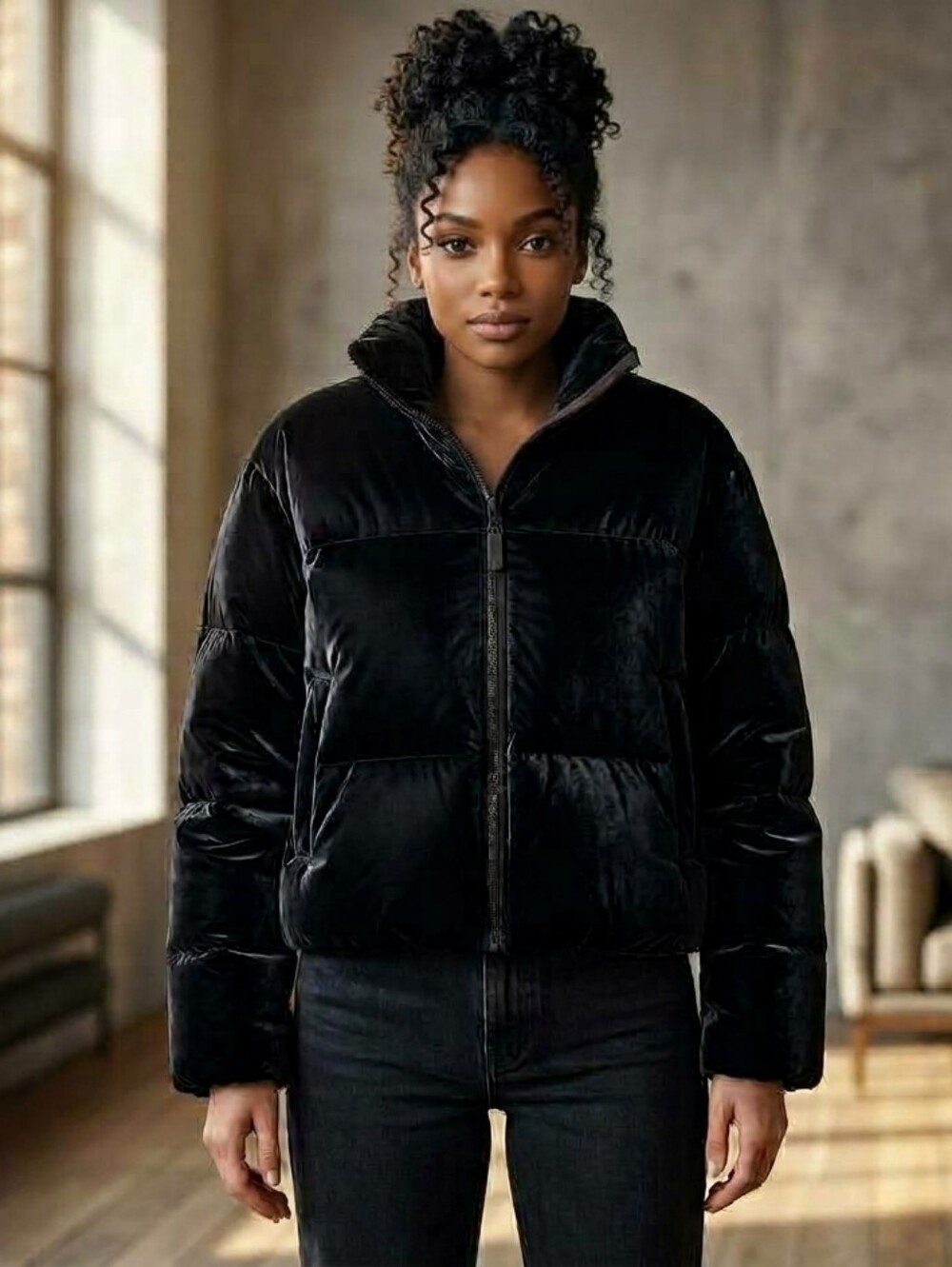 A New Day Black Glossy Reflective Puffer Jacket Water Resistant Size L